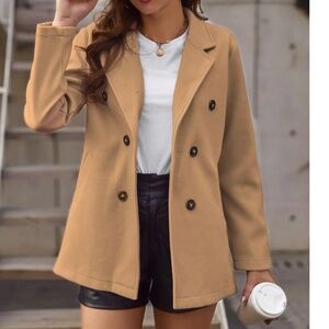 Classic Khaki Solid Double Breasted Minimalist Pea Coat Jacket